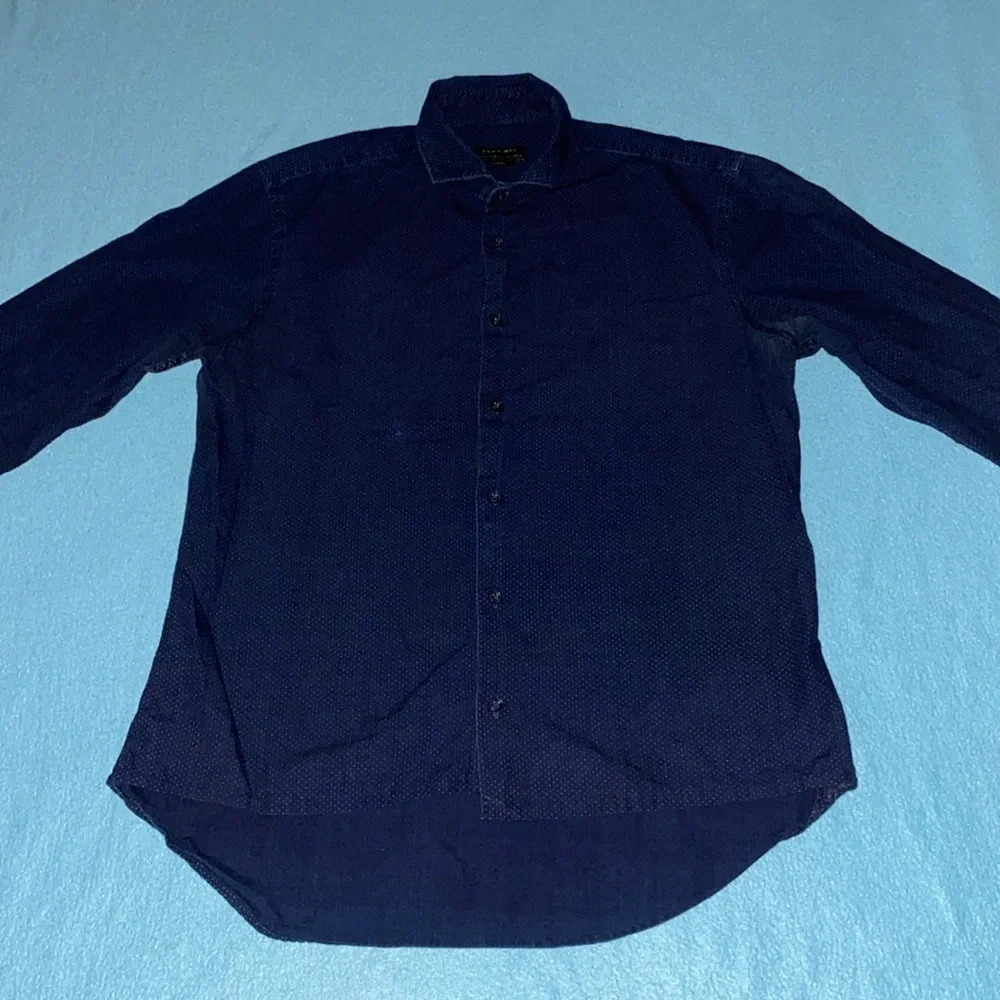 ZARA MAN Slim fit navy with white tiny polka dots long sleeve button up size L